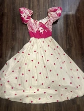 Vintage 1980s Victor Costa Dress Puff Sleeve Tropical Floral Polka Dot