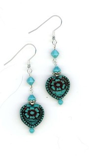 Turquoise antiqued Valentine glass/crystal artisan earrings Birdsongjewelry