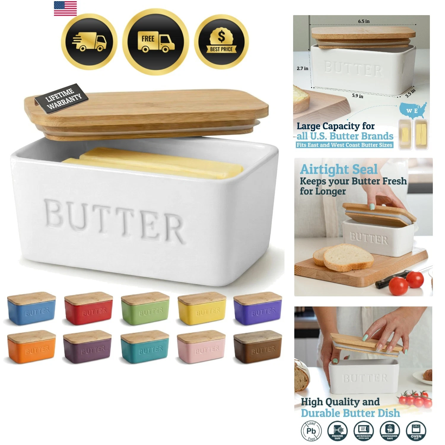 Extra Large Butter Dish with Lid for Countertop, Ceramic Butter Container Wit...