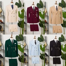 Men's Suits Double Breasted Gold Buttons Blazer Pants Wedding Groom Tuxedo 2Pcs