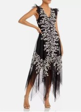 NWT 388 bcbg maxazria dress gown maxi black tulle embroidery 0 2 4 6 S XS