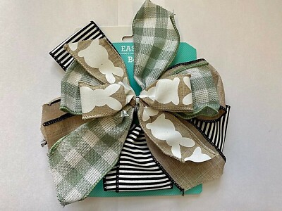 Way to Celebrate 8'' Easter bow natural with bunny sage black and white farmhouse