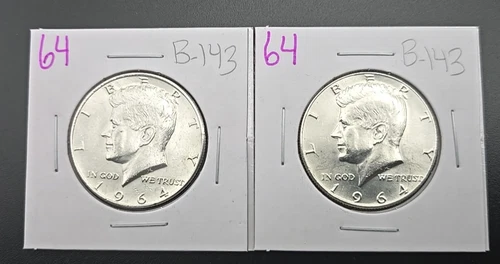 1964 Kennedy Half Dollars - 90% Silver - Lot of 2-AU-B-143