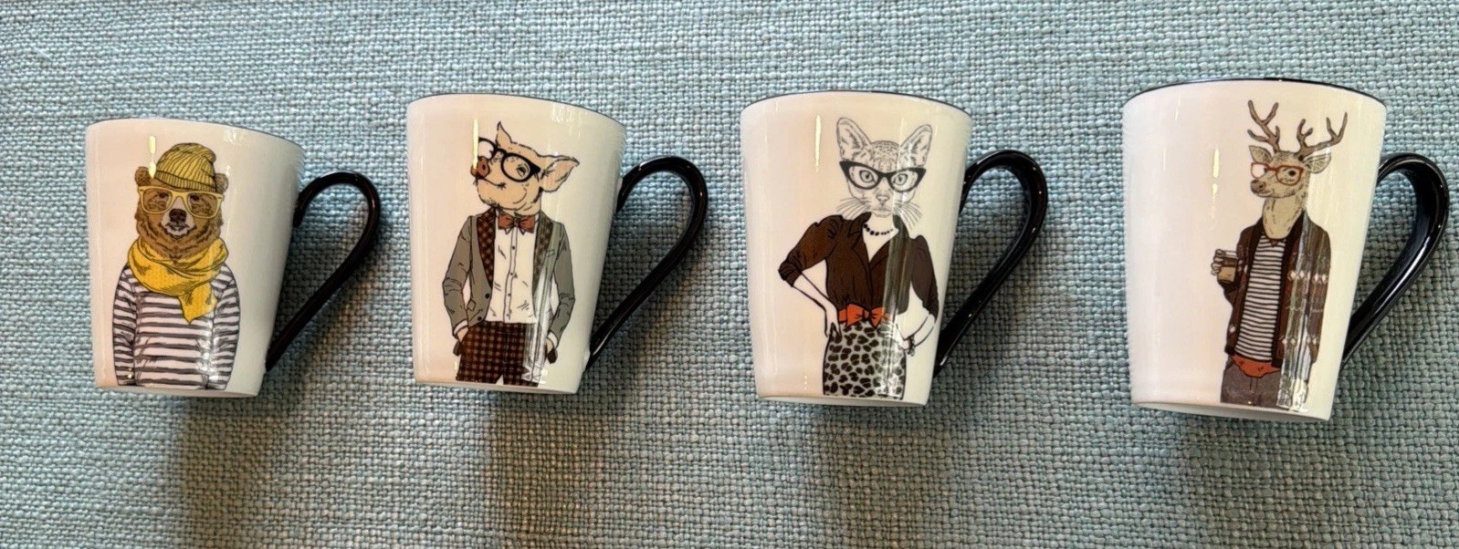4 Signature Housewares Hipster Animal Tall Mugs Bear Pig Deer Cat Coffee Cups