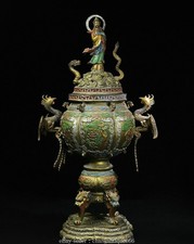 24.8'' Chinese Dynasty Copper Dragon Kwan-yin Incense Burner Censer statue