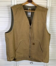 Vtg Carhartt V26 Sandstone Sherpa Lined Vest Mens size 2XL Tall Duck Brown Work