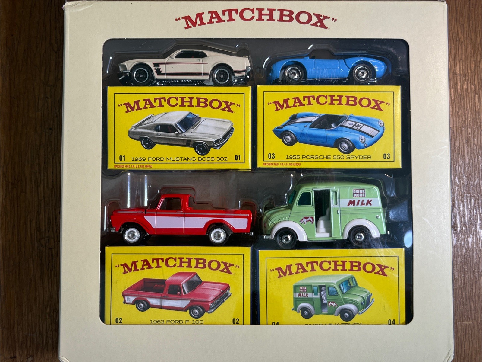 Matchbox Gift Pack Replay of the 80s Mustang 302, F-100, 550 Spyder, Milk Truck