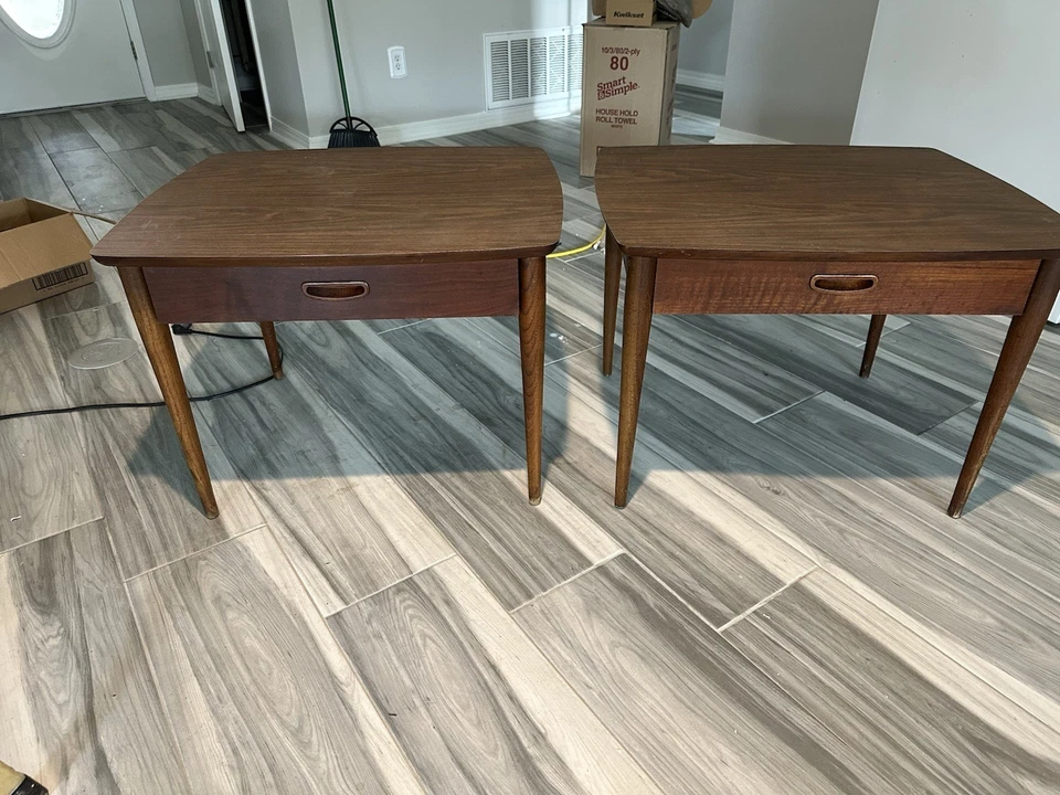 MCM LANE WALNUT END TABLE PAIR / Laminate Tops With Drawer / 1964 - Image 2 of 4