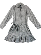 Chaps Knee Length Dress Women Sz L White Black Shirt Poplin Long Sleeve Ruffles