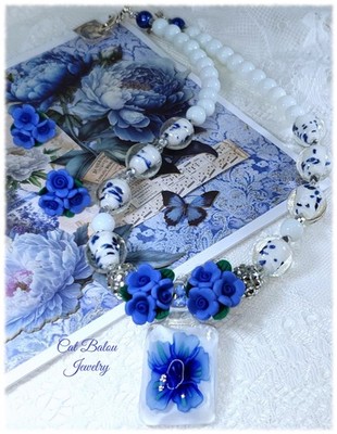 Kette Ohrringe Shabby Blumen Lampwork Murano Anhänger Blau Weiß Silber Vintage