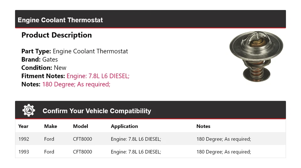 Para Ford CFT8000 1992-1993 7,8 L L L6 Motor Diesel Refrigerante Termostato Puertas Foto 2 de 4