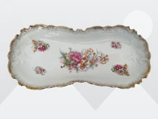 Vintage Scalloped Gold Rim Floral Rose Celery Relish Trinket 12" Oval Tray Dish