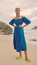 NWT Farm Rio Blue Midi Knot Off-the-Shoulder Dress SOLD OUT ONLINE MSRP$200