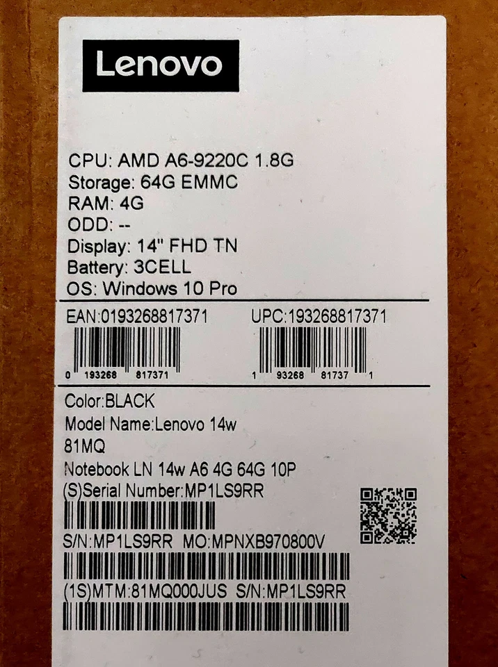 Lenovo 14" AMD A6-9220C 81MQ, 1.8GHz 4G Ram 64 GB EMMC, Win 10 Pro New in Box - Image 2 of 2