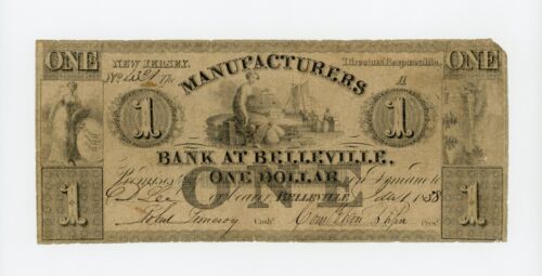 1838 $1 The Manufacturers Bank at Belleville - Belleville, NEW JERSEY Note - Picture 1 of 2