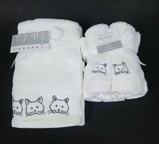 NEW CASABA WHITE,GRAY CAT EMBROIDERED 100% COTTON 2 HAND OR 5 WASHCLOTH TOWEL