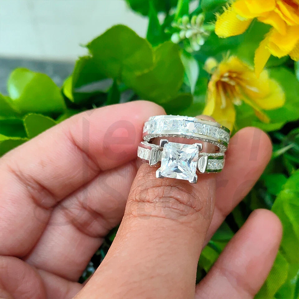 Braut Ring Set 3 Karat Princess Diamant Trauring Verlobungsring Weißgold-Finish - Bild 2 von 4