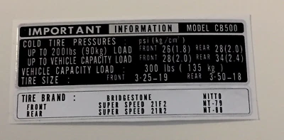HRD CB500 K1/K2 TIRE INFO REPRODUCTION DECAL CB500 FOUR CB500F 500/4