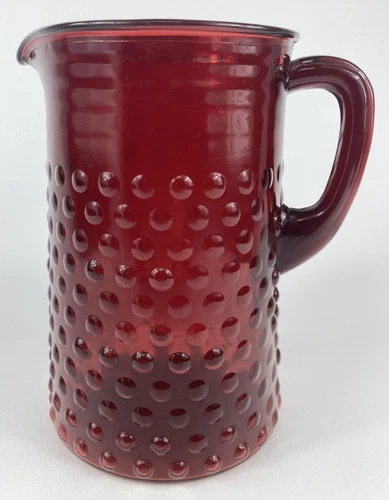 Anchor Hocking Hobnail Pitcher Dark Ruby Red Glass 8" Vintage