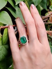 Women's Wedding 2Ct Emerald Cut Genuine Emerald  Diamond Halo Ring 14K Gold