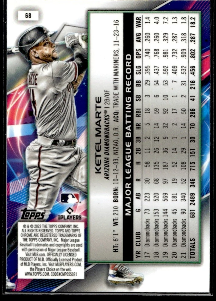 2022 Topps Chrome Cosmic Ketel Marte Pittsburgh Pirates #68 - Image 2 of 2