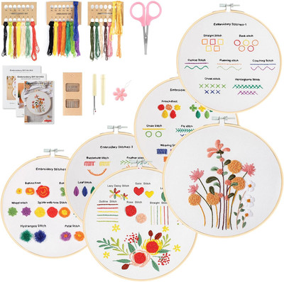 6 Sets Embroidery Kit for Beginners to Learn 28 Basic Embroidery Cross Stitch Pr