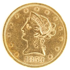 United States 1853 $10 Liberty Head Eagle .900 Fine Gold Philadelphia Mint Coin