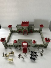 Vtg Louis Marx Tin Lithograph Medieval Castle Fort Playset Knights Horses More