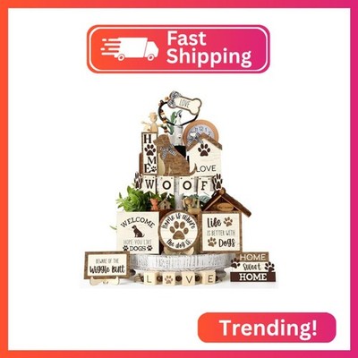 Mifoci 16 Pcs Dog Tiered Tray Decor Cute Dog Signs Home Decor Wooden Woof Decora