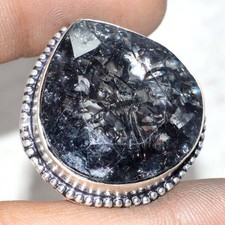 925 Silver Plated Faceted Cracked Black Crystal Ring Gemstone Size US 5 JW
