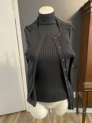 A-K-R-I-S  Gray Ribbed Cardigan & Sleeveless Mock Neck Sweater Set Silk S: 1