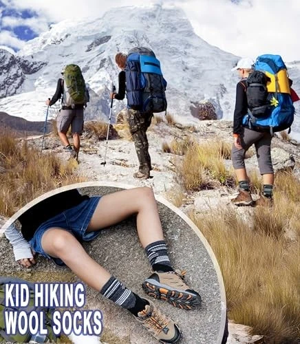  Calcetines de senderismo de lana merino para niños niños niñas niños pequeños 8-12 años color de empalme Foto 2 de 4