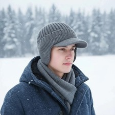 Winter Warm Fleece Lined Knit Hat with Brim & Ear Flaps Beanie for Men & Women