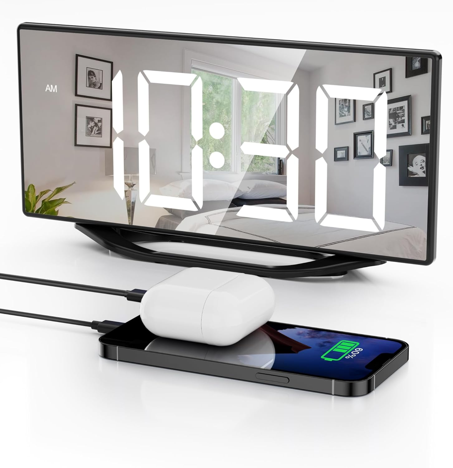 8.7 LED Digital Alarm Clock with Mirror Display and 2 USB Ports for Bedroom