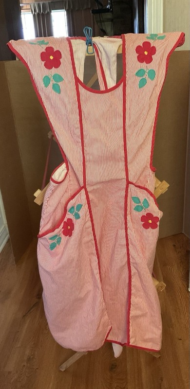 Vintage Handmade Applique Full Bib Apron Red Stripe Flowers