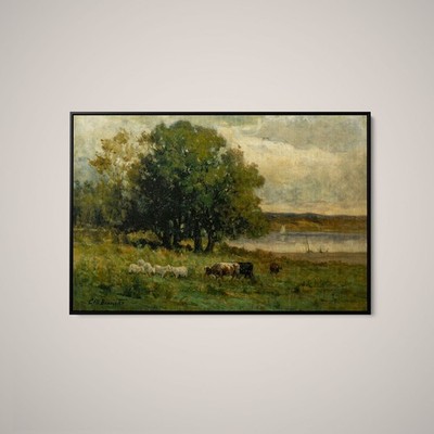 Bannister - Untitled, Cattle Near River With Sailboat in Distance - Art Print