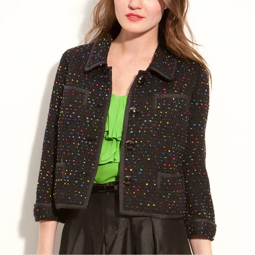 Giacca KATE SPADE Addie nera arcobaleno maculato tweed misto lana donna taglia 2
