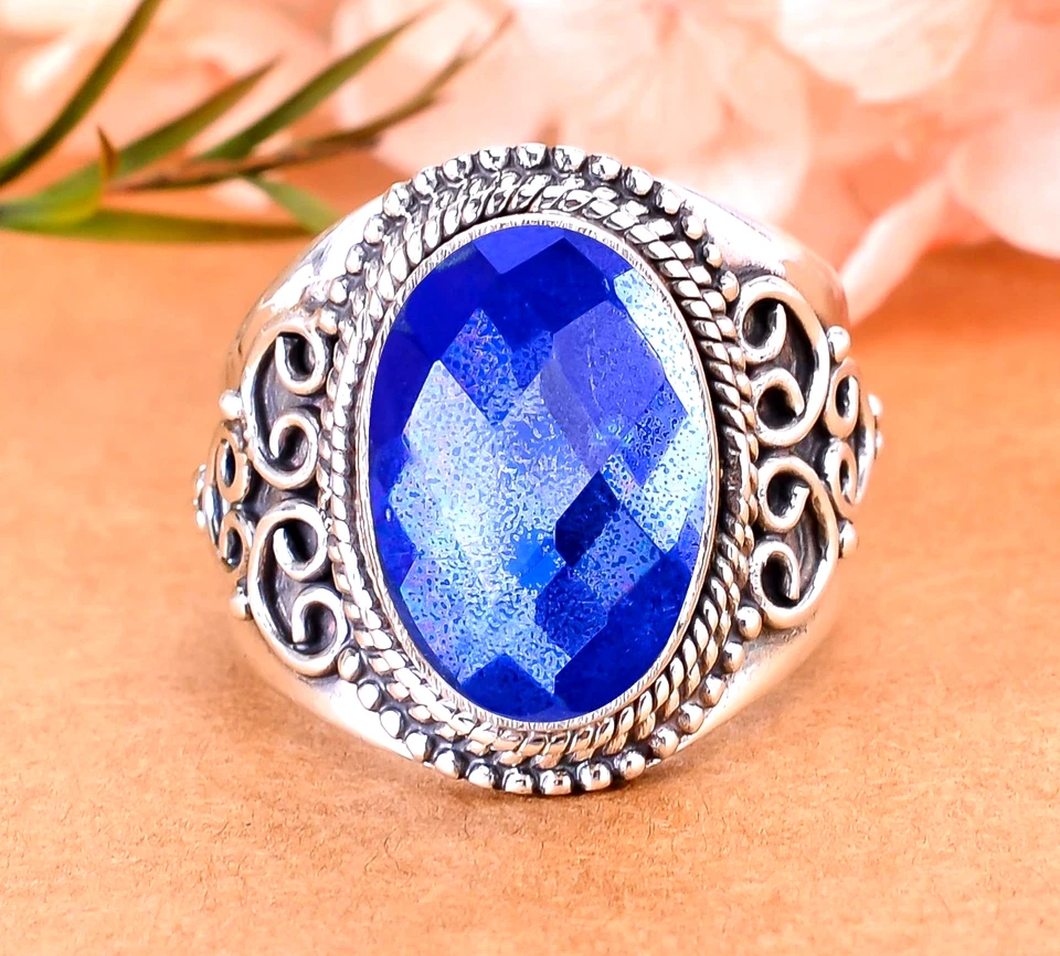 Anel de joias feito à mão de prata esterlina 925 pedra preciosa topázio arco-íris fogo místico - Imagem 2 de 4