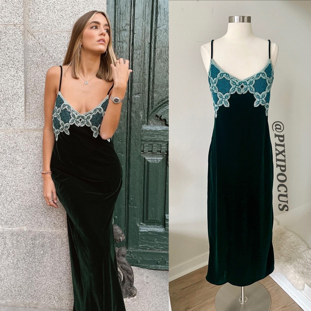 ZARA NEW VELVET & CROCHET MAXI SLIP DRESS DARK GREEN / BLUE SIZES