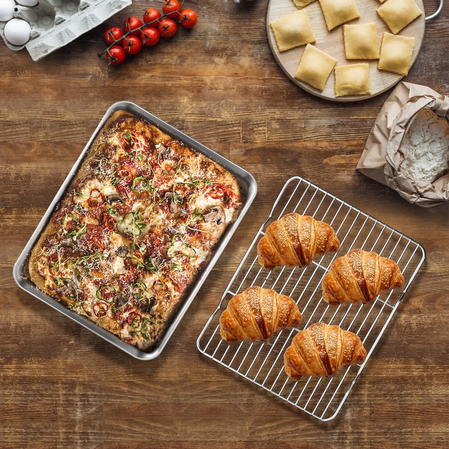Stainless Steel Cookie Sheet Baking Pan Toaster Oven Tray & Cooling Rack, 12.4 X