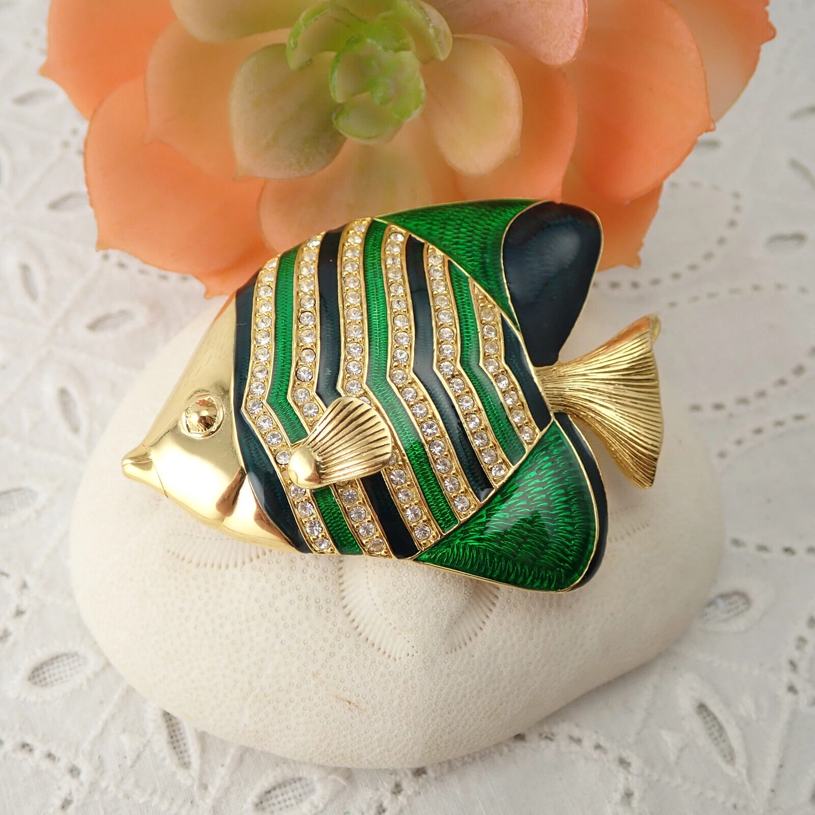 Vintage KJL Kenneth J Lane Green Enamel Rhinestone Tropical Fish Pin Brooch