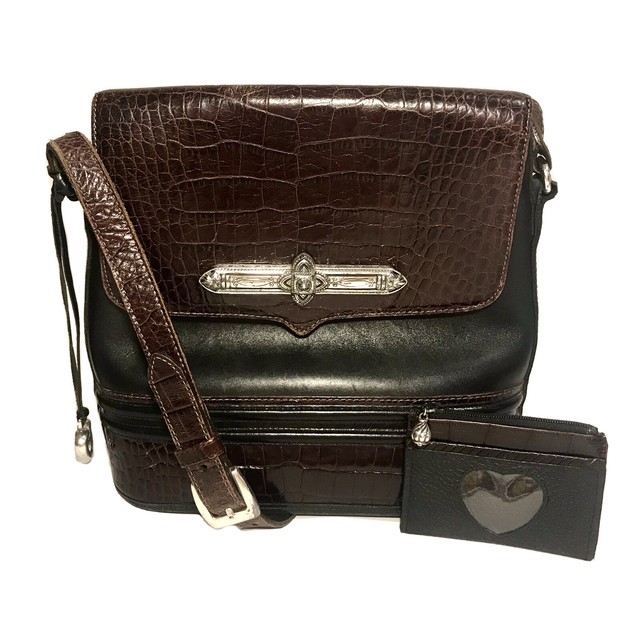 Brighton Collection Saddle Bag Purse Croc Embossed Leather, Black Heart Charm eBay