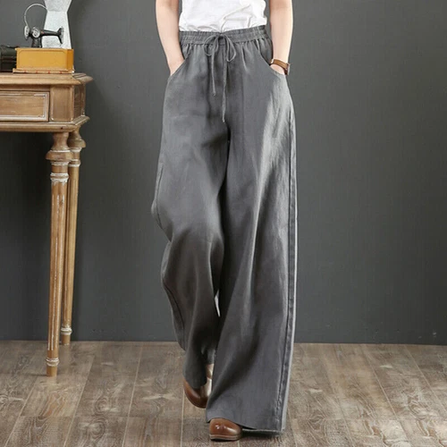 Summer Womens Cotton Linen Baggy Long Trousers Elastic High Waist Wide Leg Pants - Picture 18 of 31