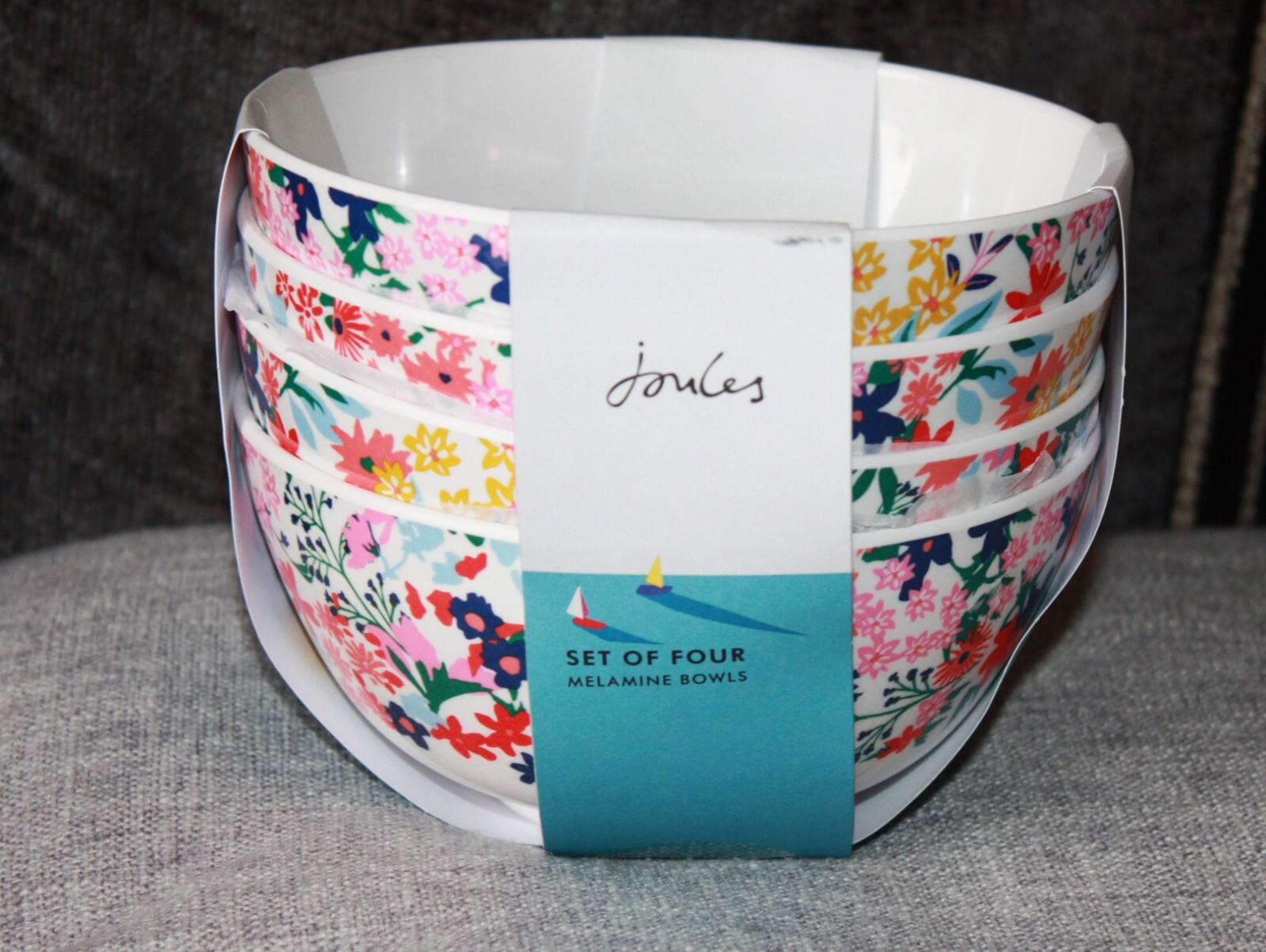 BNWT JOULES Set of 4 Melamine Snack Happy Flowers Outdoor Dining Picnic
