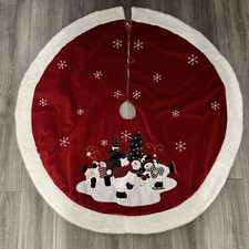 Red Velvet Christmas Tree Skirt with Snowmen  Trees Applique  White Trim 52"