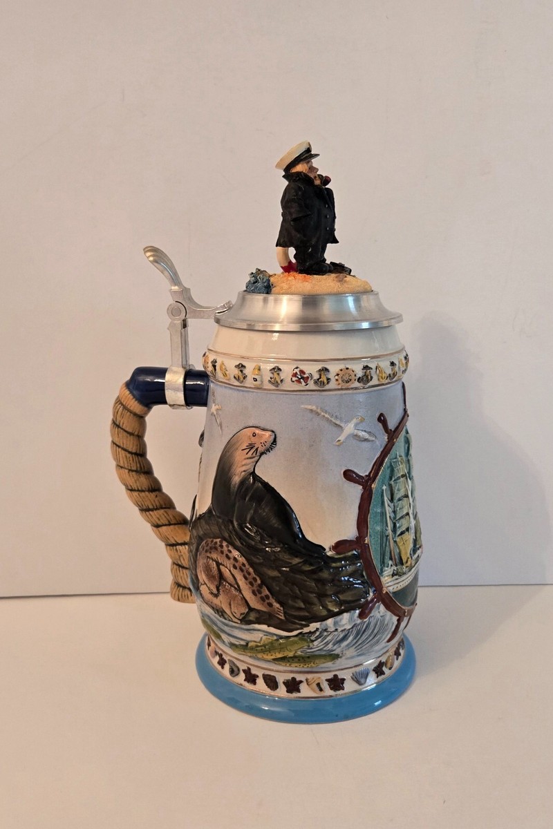 Gerz Vintage Stein w/Sea Captain on Lid, German Tall Ship 