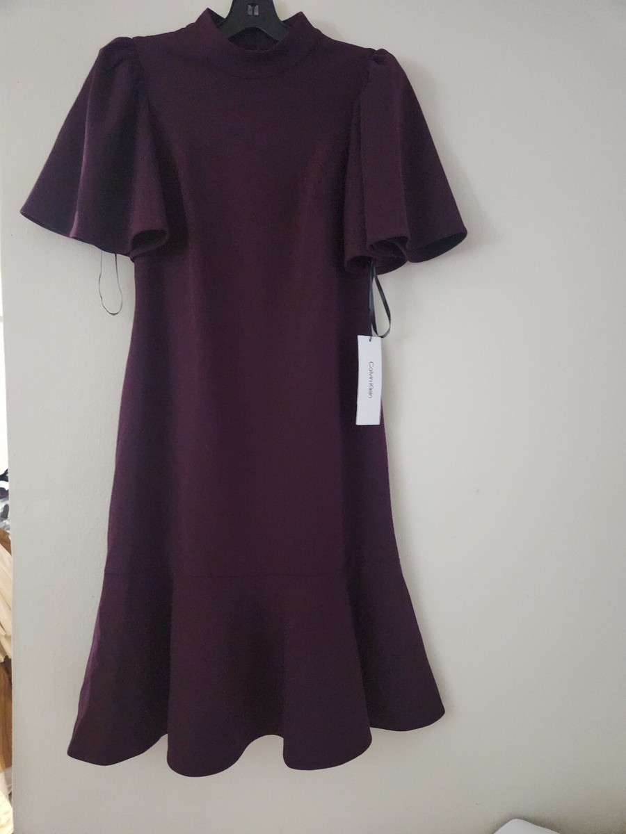 Calvin Klein Mock Neck Flared sleeves scuba Dress aubergine size 10 NWT |  eBay