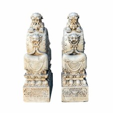 Chinese Pair White Marble Stone Fengshui Foo Dogs Door Block Drum Statue cs6969