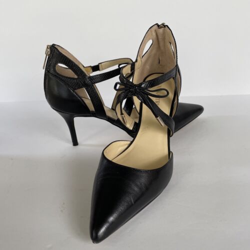 Ivanka Trump Black Leather Stiletto Heels W Bow And Gold Zipper - Afbeelding 1 van 21