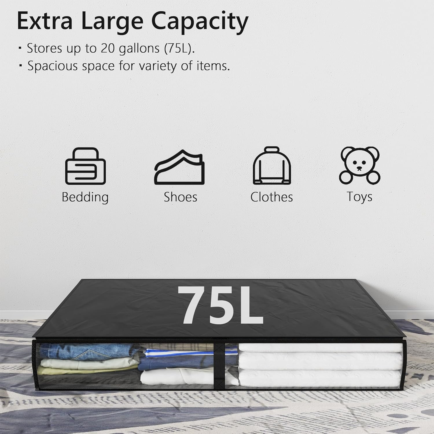 2 Pack Durable under Bed Storage Containers, 75L Large Foldable